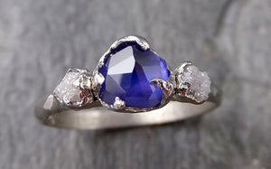Partially faceted Sapphire Diamond 14k White Gold Engagement Ring Wedding Ring Custom One Of a Kind blue Gemstone Ring Multi stone Ring 1179 - by Angeline