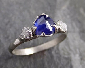 Partially faceted Sapphire Diamond 14k White Gold Engagement Ring Wedding Ring Custom One Of a Kind blue Gemstone Ring Multi stone Ring 1179 - by Angeline