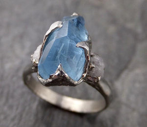 Raw Rough and partially Faceted Aquamarine Diamond 14k White Gold Multi stone Ring One Of a Kind Gemstone Ring Recycled gold 1180 - by Angeline