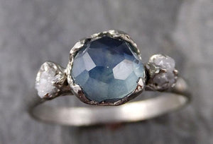 Partially faceted Montana Sapphire Diamond 14k White Gold Engagement Ring Wedding Ring Custom One Of a Kind blue Gemstone Ring Multi stone Ring 1181 - by Angeline
