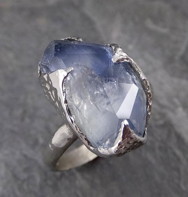 Partially Faceted Sapphire Solitaire 14k white Gold Engagement Ring Wedding Ring Custom One Of a Kind Gemstone Ring 1182 - by Angeline