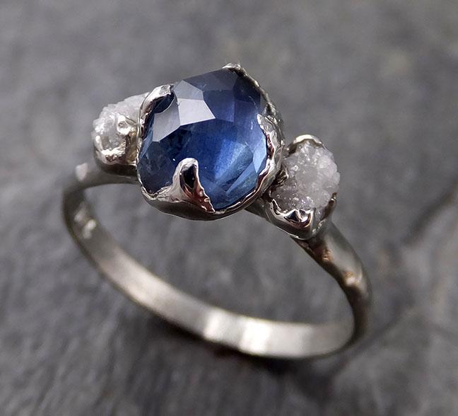 Partially faceted Montana Sapphire Diamond 14k White Gold Engagement Ring Wedding Ring Custom One Of a Kind blue Gemstone Ring Multi stone Ring 1183 - by Angeline