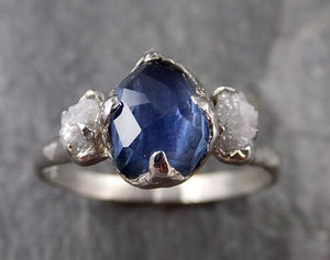 Partially faceted Montana Sapphire Diamond 14k White Gold Engagement Ring Wedding Ring Custom One Of a Kind blue Gemstone Ring Multi stone Ring 1183 - by Angeline