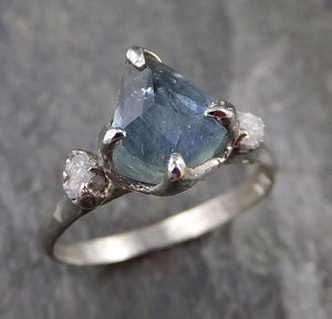 Partially faceted Montana Sapphire Diamond 14k White Gold Engagement Ring Wedding Ring Custom One Of a Kind blue Gemstone Ring Multi stone Ring 1184 - by Angeline