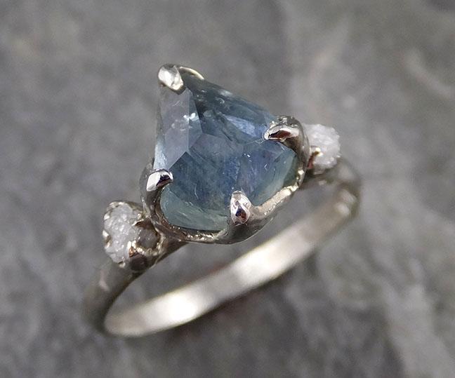 Partially faceted Montana Sapphire Diamond 14k White Gold Engagement Ring Wedding Ring Custom One Of a Kind blue Gemstone Ring Multi stone Ring 1184 - by Angeline