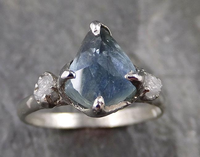 Partially faceted Montana Sapphire Diamond 14k White Gold Engagement Ring Wedding Ring Custom One Of a Kind blue Gemstone Ring Multi stone Ring 1184 - by Angeline