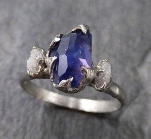 Partially faceted Sapphire Diamond 14k White Gold Engagement Ring Wedding Ring Custom blue Gemstone Ring Multi stone Ring 1186 - by Angeline