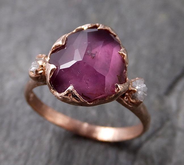 Partially Faceted Sapphire Raw Multi stone Rough Diamond 14k rose Gold Engagement Ring Wedding Ring Custom One Of a Kind Gemstone Ring 1188 - by Angeline