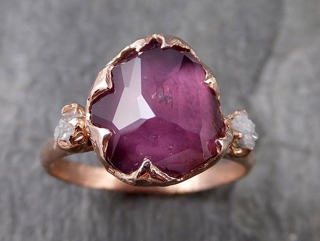 Partially Faceted Sapphire Raw Multi stone Rough Diamond 14k rose Gold Engagement Ring Wedding Ring Custom One Of a Kind Gemstone Ring 1188 - by Angeline