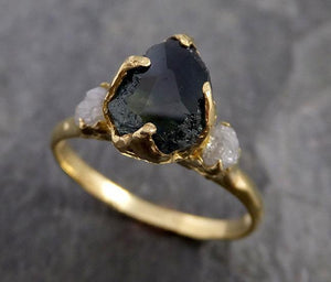 Partially faceted Montana Sapphire natural green sapphire gemstone Raw Rough Diamond 18k Yellow Gold Engagement ring multi stone 1190 - by Angeline