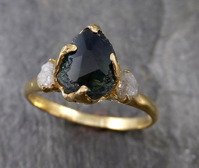 Partially faceted Montana Sapphire natural green sapphire gemstone Raw Rough Diamond 18k Yellow Gold Engagement ring multi stone 1190 - by Angeline