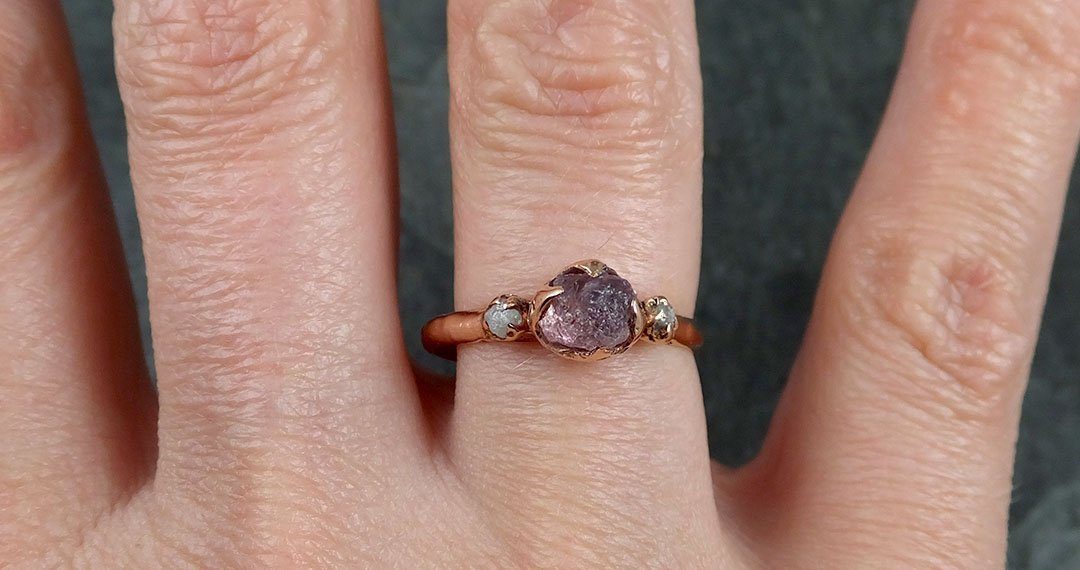Sapphire Raw Multi stone Rough Diamond 14k rose Gold Engagement Ring Wedding Ring Custom One Of a Kind Gemstone Ring 1192 - by Angeline