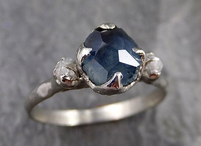 Partially faceted Montana Sapphire Diamond 14k white Gold Engagement Ring Wedding Ring Custom One Of a Kind blue Gemstone Ring Multi stone Ring 1201 - by Angeline