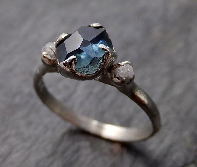 Partially faceted Montana Sapphire Diamond 14k white Gold Engagement Ring Wedding Ring Custom One Of a Kind blue Gemstone Ring Multi stone Ring 1201 - by Angeline