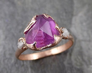 Partially Faceted Sapphire Raw Multi stone Rough Diamond 14k rose Gold Engagement Ring Wedding Ring Custom One Of a Kind Gemstone Ring 1203 - by Angeline