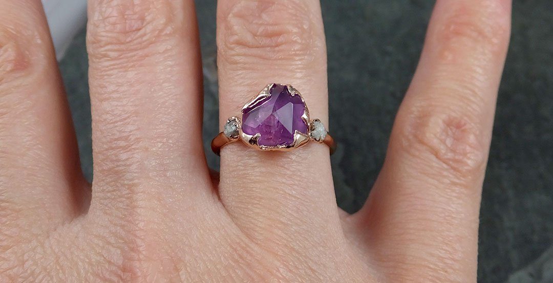 Partially Faceted Sapphire Raw Multi stone Rough Diamond 14k rose Gold Engagement Ring Wedding Ring Custom One Of a Kind Gemstone Ring 1203 - by Angeline