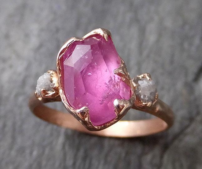 Partially Faceted Sapphire Raw Multi stone Rough Diamond 14k rose Gold Engagement Ring Wedding Ring Custom One Of a Kind Gemstone Ring 1204 - by Angeline