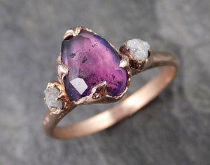 Partially Faceted Sapphire Raw Multi stone Rough Diamond 14k rose Gold Engagement Ring Wedding Ring Custom One Of a Kind Gemstone Ring 1205 - by Angeline