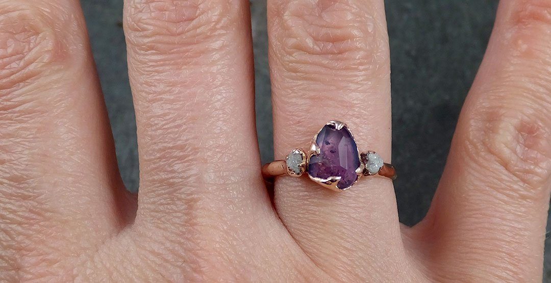 Partially Faceted Sapphire Raw Multi stone Rough Diamond 14k rose Gold Engagement Ring Wedding Ring Custom One Of a Kind Gemstone Ring 1205 - by Angeline