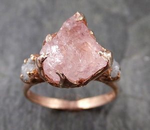 Raw Morganite Diamond Rose Gold Engagement Ring Multi stone Wedding Ring Custom Gemstone Ring Bespoke 14k Pink Conflict Free by Angeline 1209 - by Angeline