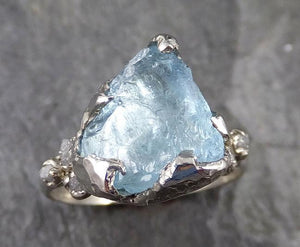 Raw Uncut Aquamarine Diamond White Gold Engagement Ring Wedding Ring Custom One Of a Kind Gemstone Ring Multi stone Ring 1221 - by Angeline