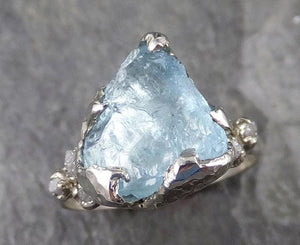 Raw Uncut Aquamarine Diamond White Gold Engagement Ring Wedding Ring Custom One Of a Kind Gemstone Ring Multi stone Ring 1221 - by Angeline