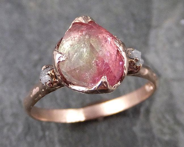Fancy cut Pink Tourmaline Rose Gold Ring Gemstone Multi stone recycled 14k statement Engagement ring 1225 - by Angeline