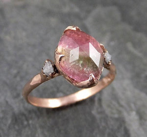 Fancy cut Pink Tourmaline Rose Gold Ring Gemstone Multi stone recycled 14k statement Engagement ring 1227 - by Angeline