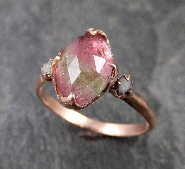 Fancy cut Pink Tourmaline Rose Gold Ring Gemstone Multi stone recycled 14k statement Engagement ring 1227 - by Angeline