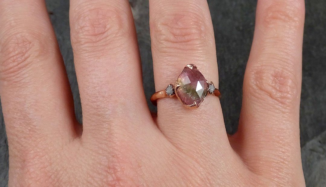 Fancy cut Pink Tourmaline Rose Gold Ring Gemstone Multi stone recycled 14k statement Engagement ring 1227 - by Angeline