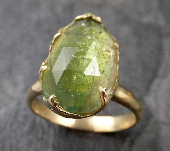 Fancy cut Green Tourmaline 18K Yellow Gold Ring Gemstone Solitaire recycled statement cocktail statement 1231 - by Angeline