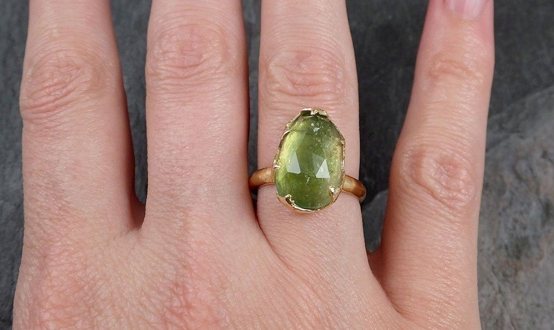 Fancy cut Green Tourmaline 18K Yellow Gold Ring Gemstone Solitaire recycled statement cocktail statement 1231 - by Angeline