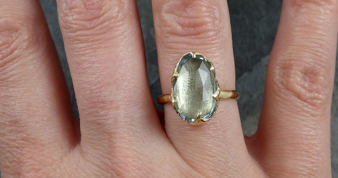 Fancy cut Aquamarine Yellow Gold Ring Gemstone Solitaire recycled 18k statement cocktail statement 1232 - by Angeline