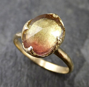 Fancy cut Watermelon Tourmaline Yellow Gold Ring Gemstone Solitaire recycled 18k statement cocktail statement 1234 - by Angeline