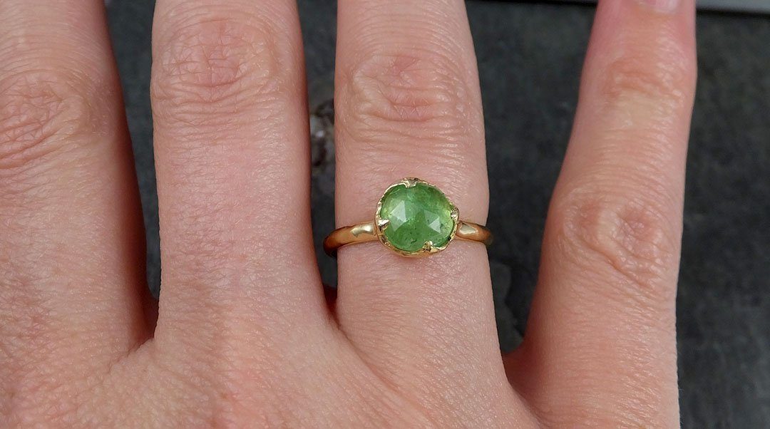 Fancy cut green Garnet Yellow Gold Ring Gemstone Solitaire recycled 18k statement cocktail statement 1235 - by Angeline