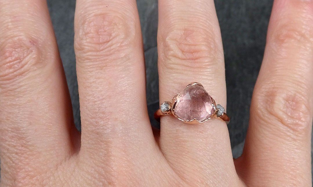 Fancy cut Pink Tourmaline Rose Gold Ring Gemstone Multi stone recycled 14k statement Engagement ring 1260 - by Angeline
