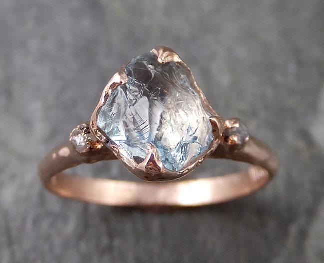Aquamarine Diamond Raw Uncut rose 14k Gold Engagement Ring Multi stone Wedding Ring Custom One Of a Kind Gemstone Bespoke byAngeline 1261 - by Angeline