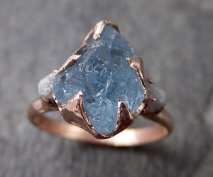 Aquamarine Diamond Raw Uncut rose 14k Gold Engagement Ring Multi stone Wedding Ring Custom One Of a Kind Gemstone Bespoke byAngeline 1264 - by Angeline
