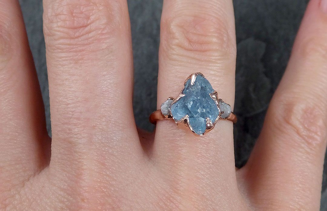 Aquamarine Diamond Raw Uncut rose 14k Gold Engagement Ring Multi stone Wedding Ring Custom One Of a Kind Gemstone Bespoke byAngeline 1264 - by Angeline