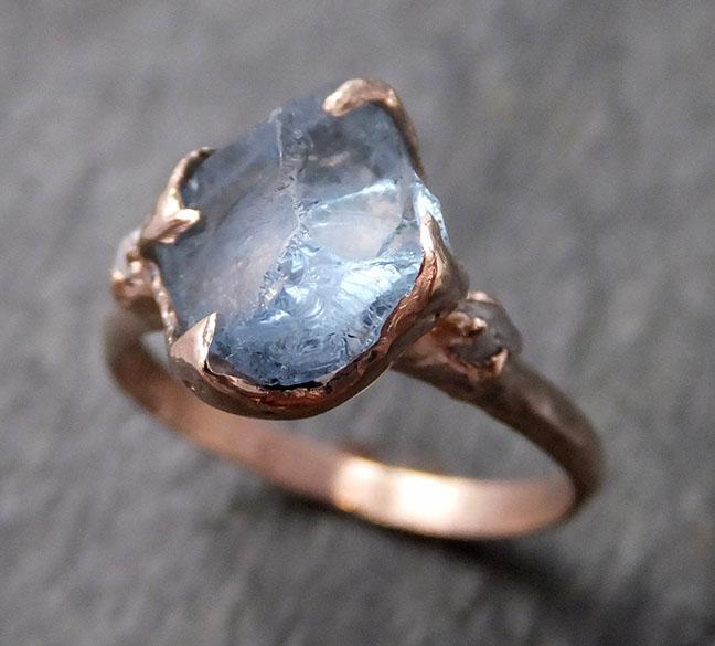 Aquamarine Diamond Raw Uncut rose 14k Gold Engagement Ring Multi stone Wedding Ring Custom One Of a Kind Gemstone Bespoke byAngeline 1271 - by Angeline