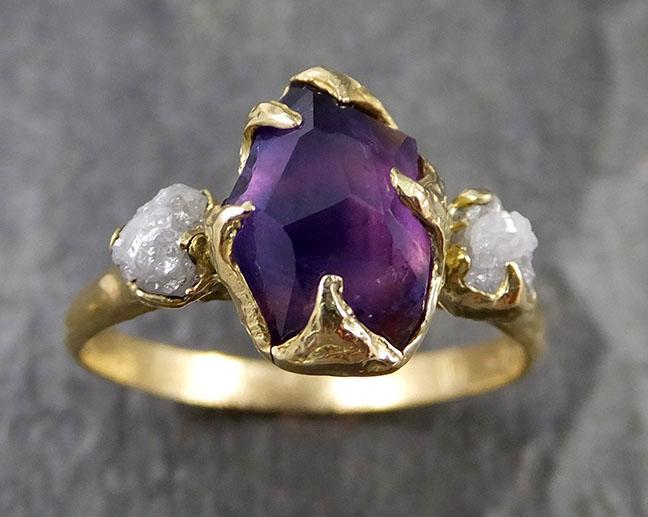 Partially faceted natural sapphire gemstone Raw Rough Diamond 18k Yellow Gold Engagement multi stone 1279 - by Angeline