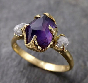 Partially faceted natural sapphire gemstone Raw Rough Diamond 18k Yellow Gold Engagement multi stone 1279 - by Angeline