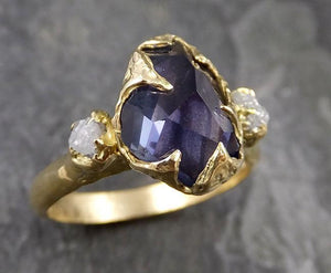 Partially faceted natural sapphire gemstone Raw Rough Diamond 18k Yellow Gold Engagement ring multi stone 1280 - by Angeline