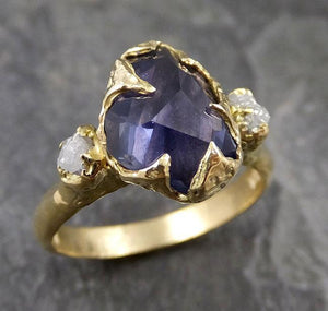 Partially faceted natural sapphire gemstone Raw Rough Diamond 18k Yellow Gold Engagement ring multi stone 1280 - by Angeline