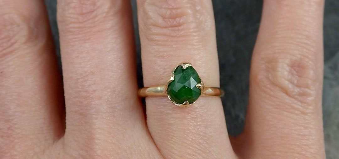 Fancy cut Natural Tsavorite Green Garnet Solitaire Gemstone ring Recycled 14k yellow Gold One of a kind Gemstone ring byAngeline 1281 - by Angeline