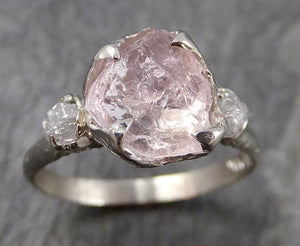 Raw Morganite Diamond 14k white Gold Engagement Ring Multi stone Wedding Ring Custom One Of a Kind Gemstone Ring Bespoke 0926 - by Angeline