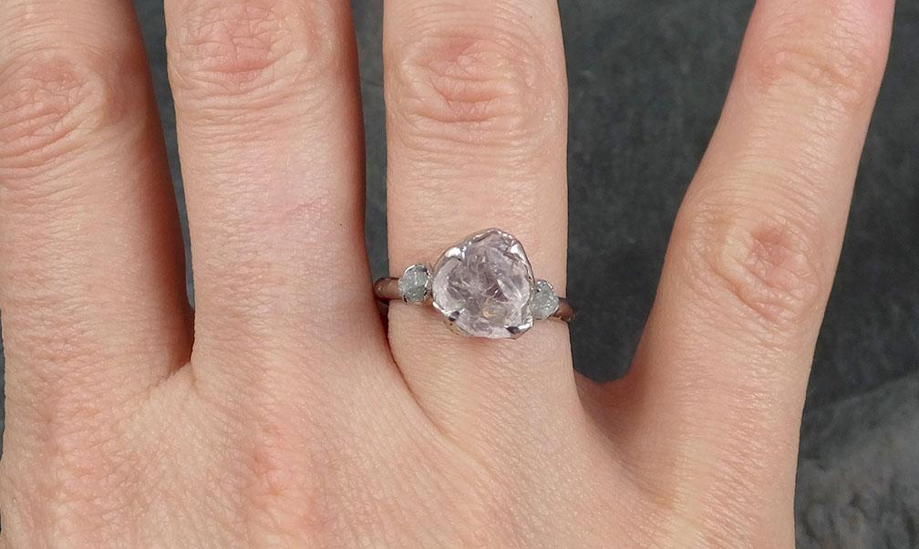 Raw Morganite Diamond 14k white Gold Engagement Ring Multi stone Wedding Ring Custom One Of a Kind Gemstone Ring Bespoke 0926 - by Angeline