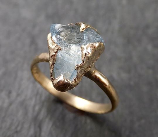 Raw uncut Aquamarine Solitaire 14k Yellow gold Ring Custom One Of a Kind Gemstone Ring Bespoke byAngeline 1612 - by Angeline