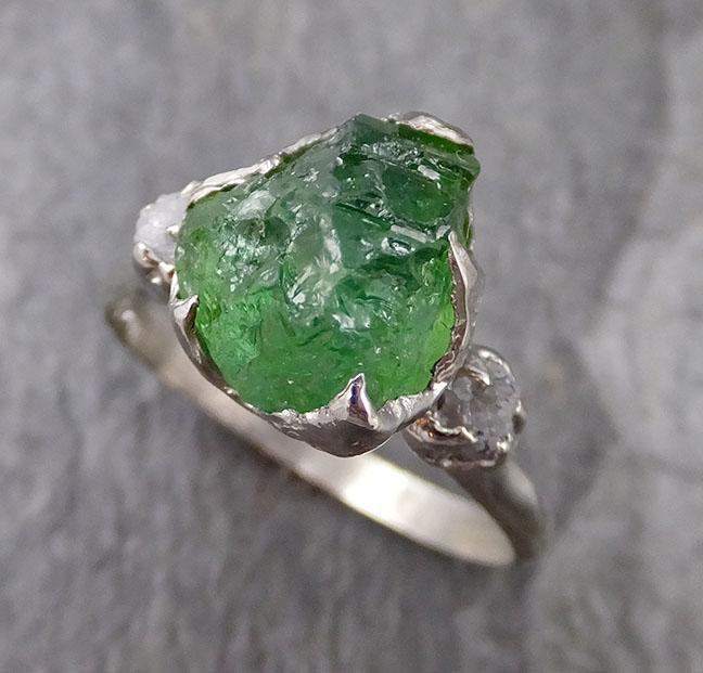 Raw Green Tourmaline Diamond White Gold Engagement Ring Wedding Ring One Of a Kind Gemstone Ring Bespoke Multi stone Ring 1299 - by Angeline