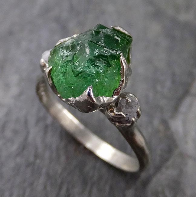 Raw Green Tourmaline Diamond White Gold Engagement Ring Wedding Ring One Of a Kind Gemstone Ring Bespoke Multi stone Ring 1299 - by Angeline